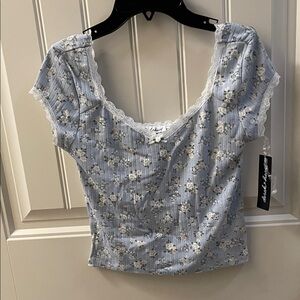 Derek Heart Light Blue Floral Lace-Trim Crop Top